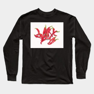 Red Cayenne Peppers on White, Colored Pencil Long Sleeve T-Shirt